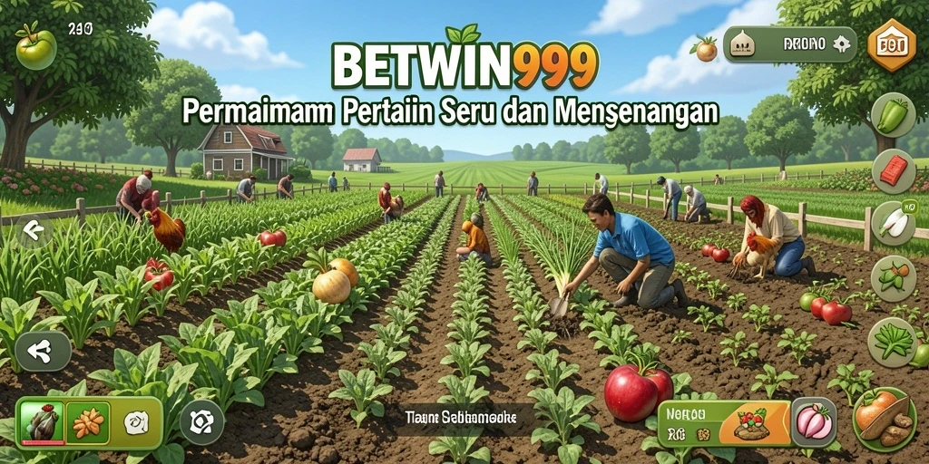 Tangkapan layar utama BETWIN999 menampilkan aktivitas bertani yang penuh warna dan menyenangkan.