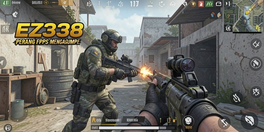 Tampilan gameplay intens dari EZ338, memperlihatkan aksi FPS yang mendebarkan.