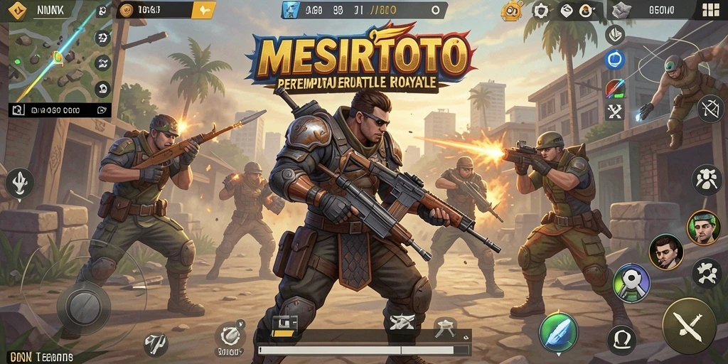 Tangkapan layar utama MESIRTOTO menampilkan aksi seru pertempuran Battle Royale.